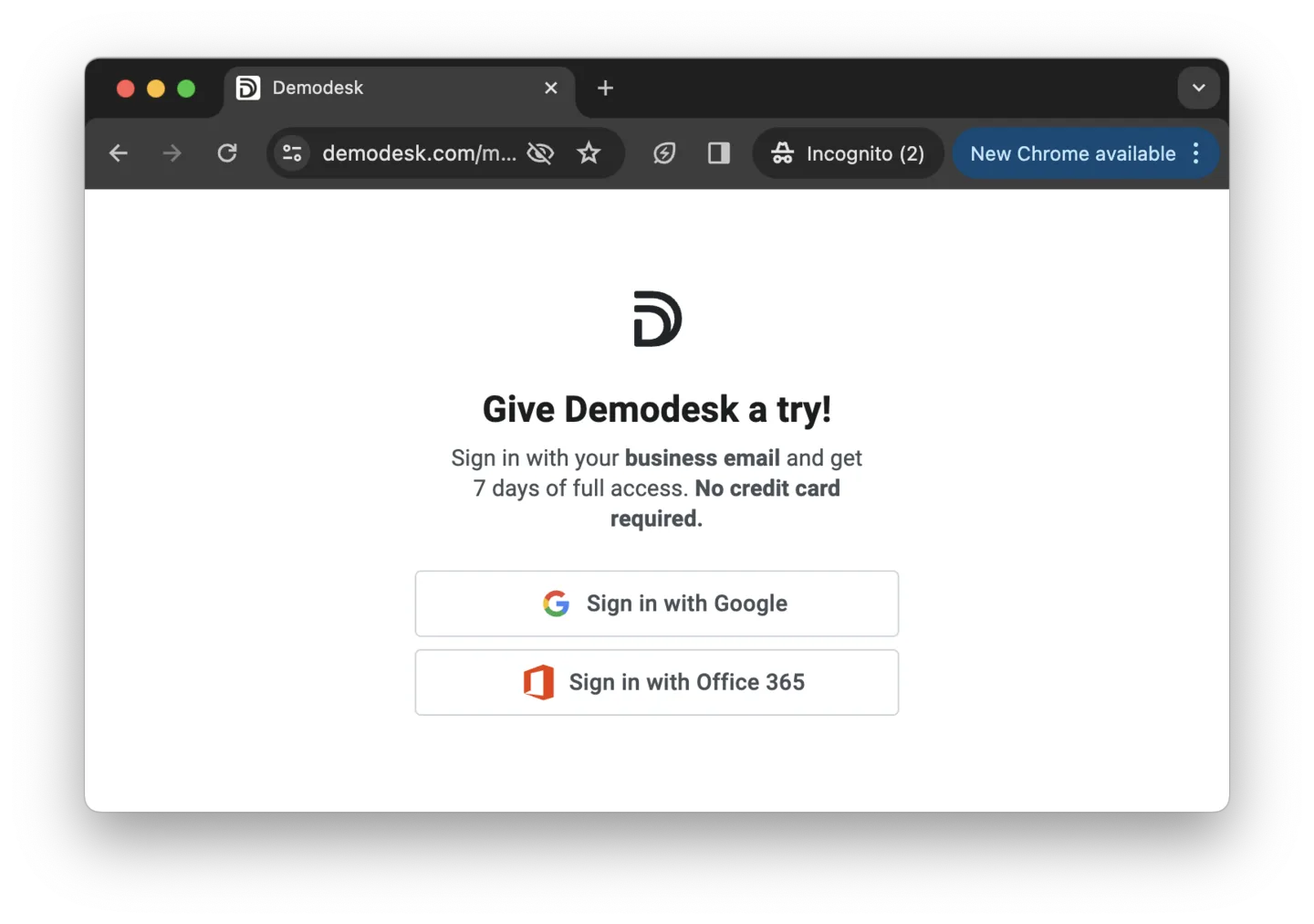 Demodesk sign-in page with Sign in with Google and Sign in with Office 365 buttons