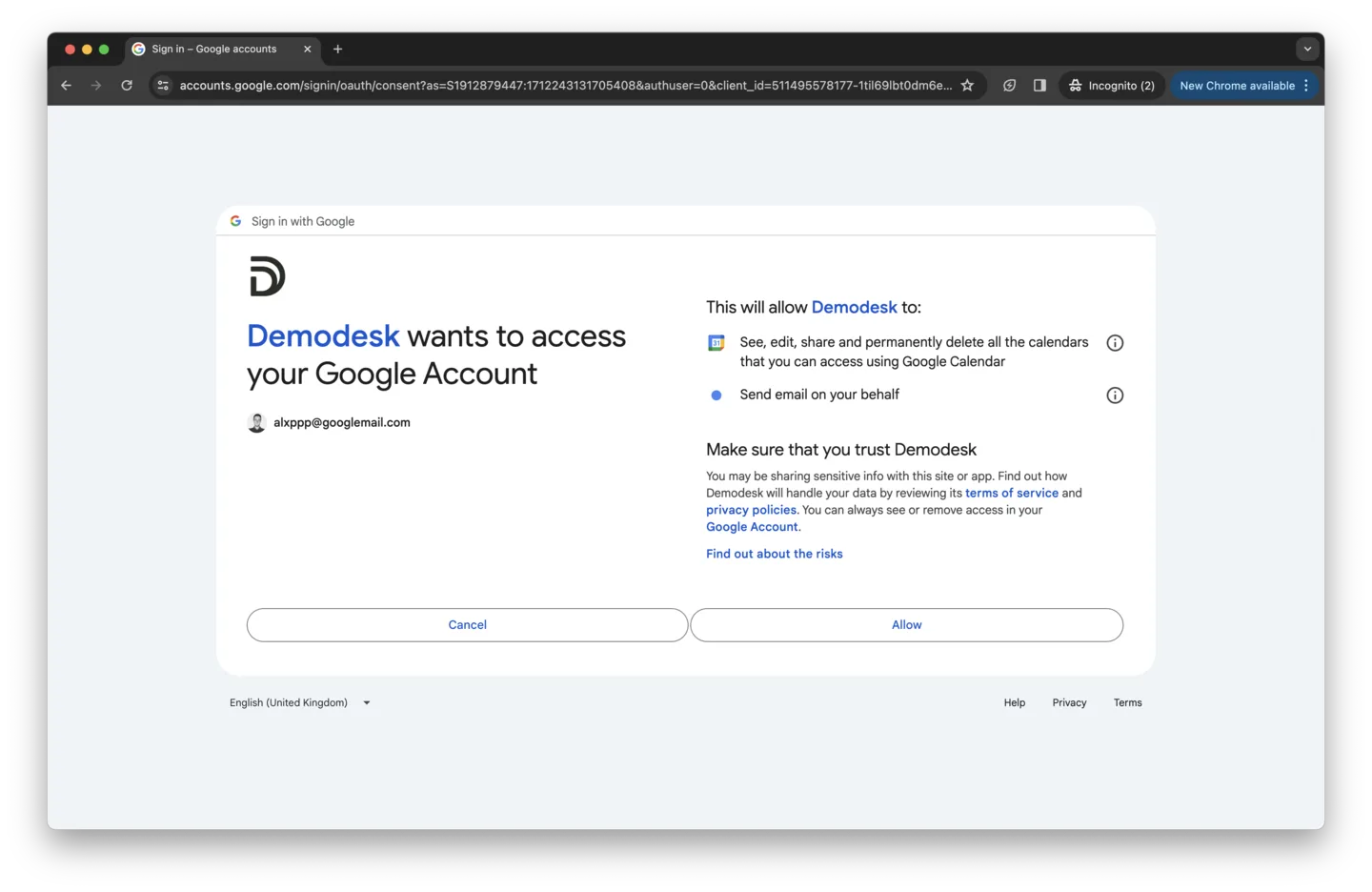 Google sign-in consent screen showing Demodesk's requested Calendar and Gmail permissions