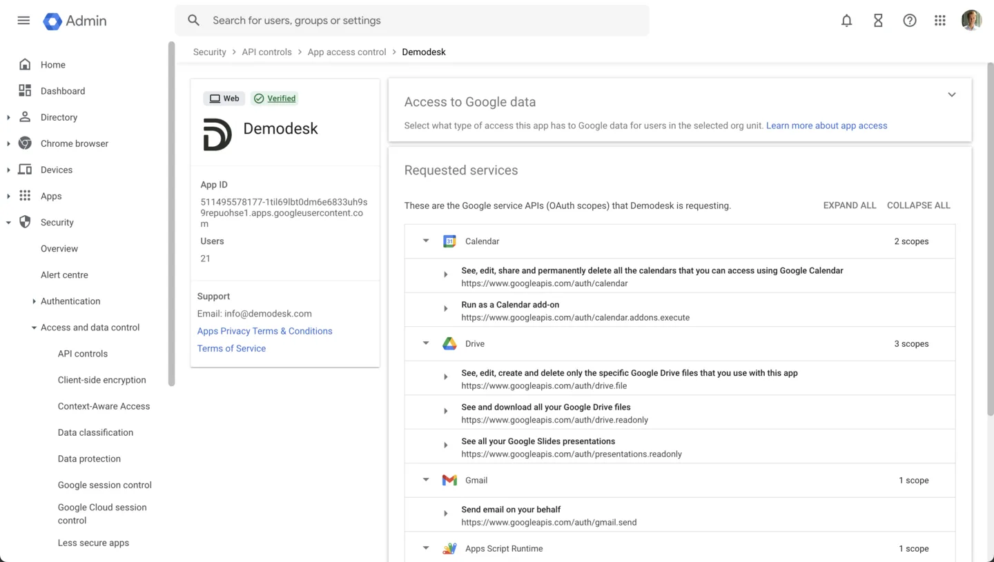 Google Workspace Admin console showing Demodesk's requested Calendar, Drive, and Gmail API scopes