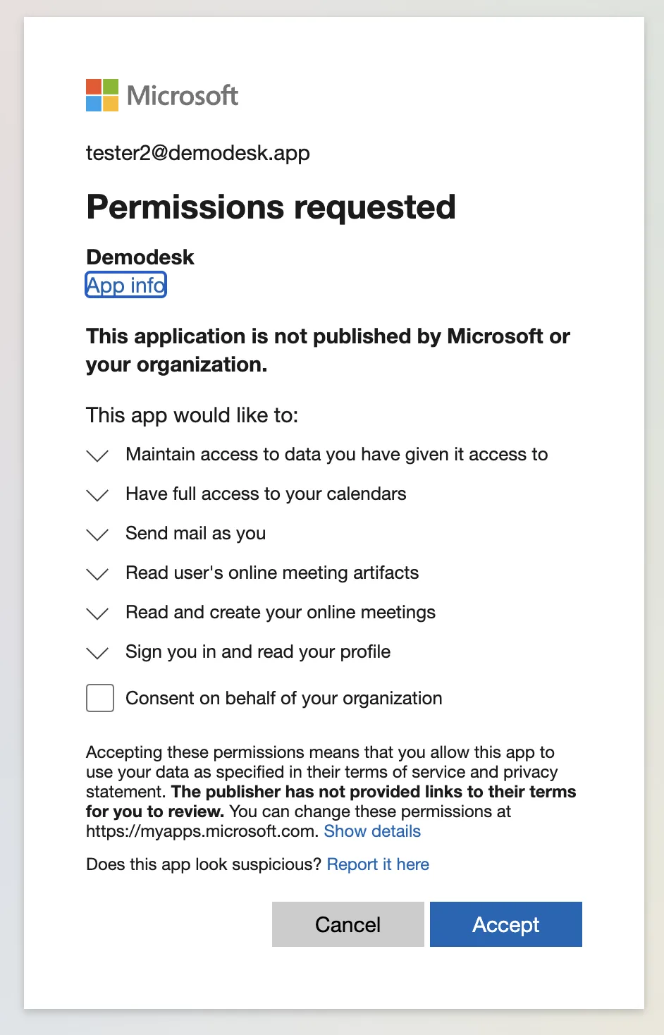 Microsoft consent screen listing the calendar, mail and meeting permissions Demodesk requests