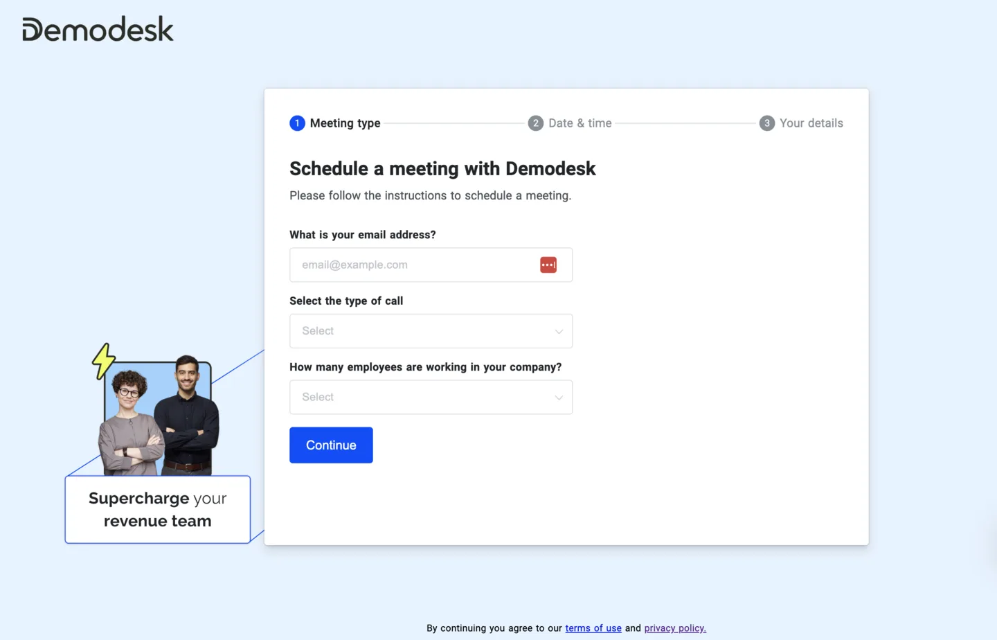 Booking page embedded on a website, showing the first step asking for an email address and call type