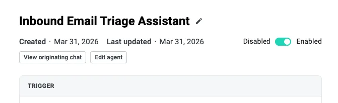 Agent detail page for Inbound Email Triage Assistant with the Enabled toggle on and Edit agent button