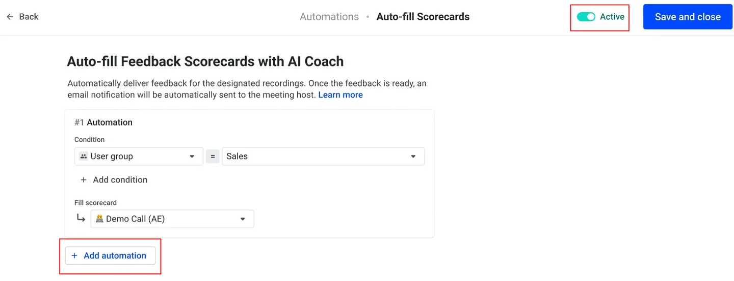 Auto-fill Feedback Scorecards automation set to Active with a condition rule and Add automation highlighted