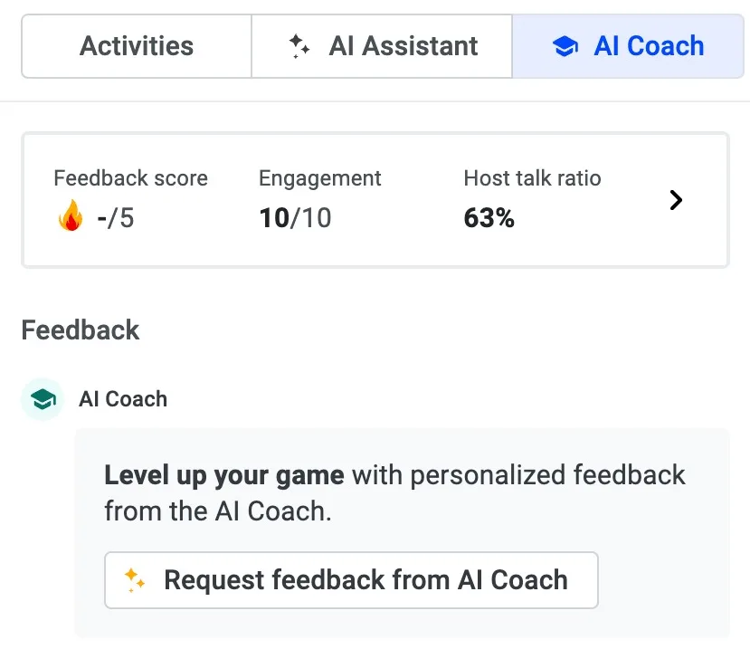 AI Coach tab on a recording showing feedback metrics and the Request feedback from AI Coach button