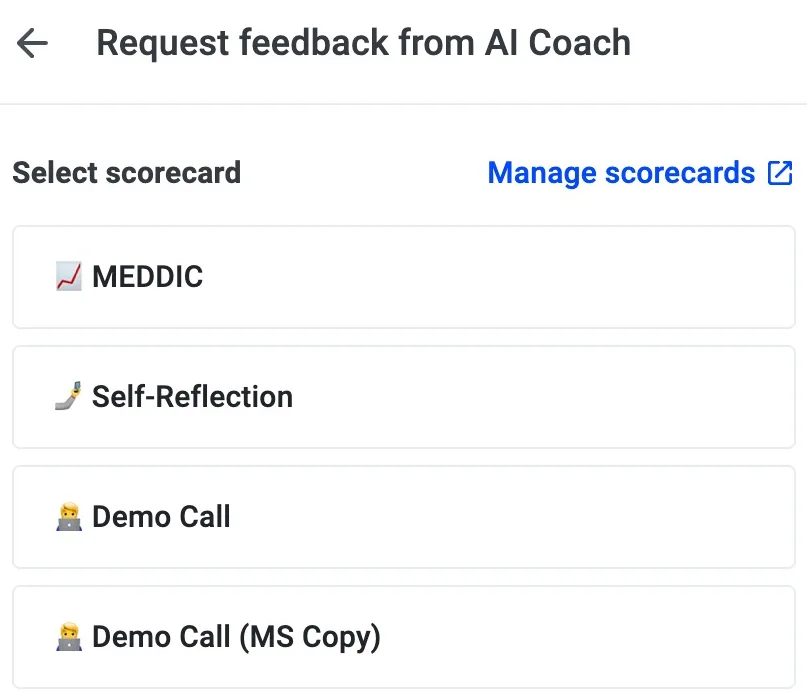 Request feedback from AI Coach screen listing scorecards like MEDDIC, Self-Reflection and Demo Call