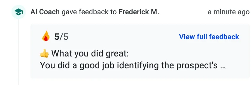 Completed AI Coach feedback showing a 5 out of 5 score and a What you did great summary