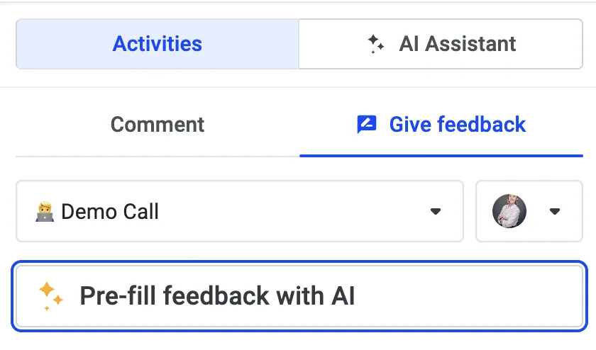 Give feedback tab with the Pre-fill feedback with AI button highlighted for the Demo Call scorecard