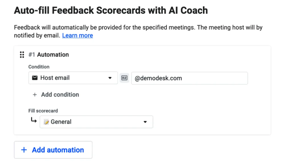 Default Auto-fill Feedback Scorecards rule mapping demodesk.com host emails to the General scorecard