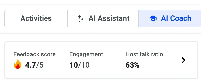 AI Coach tab summary showing feedback score, engagement and host talk ratio metrics