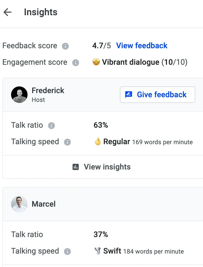 Insights panel breaking down feedback score, engagement and per-speaker talk ratio and talking speed