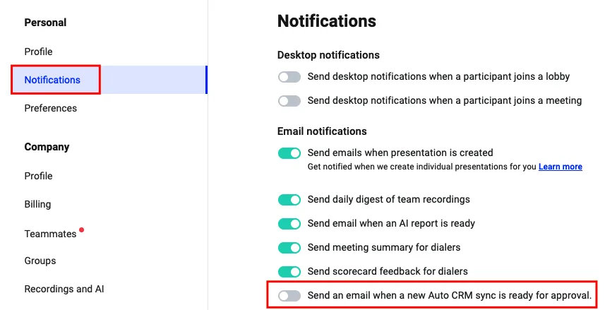Notification settings with the Auto CRM sync approval email toggle highlighted