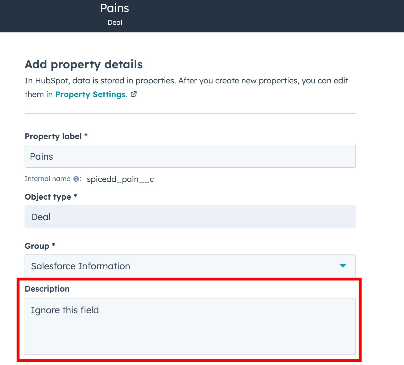 HubSpot property settings with the Description field highlighted, set to Ignore this field