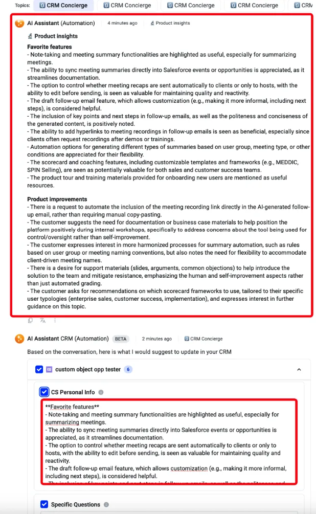 AI CRM Concierge suggesting the full meeting summary synced into a custom CS Personal Info field