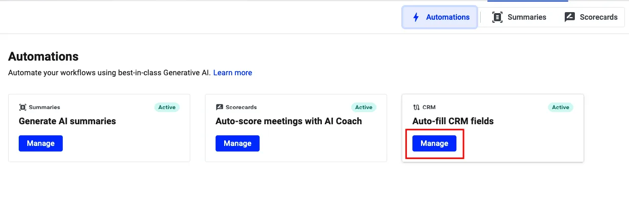 Automations page with the Manage button highlighted on the Auto-fill CRM fields card