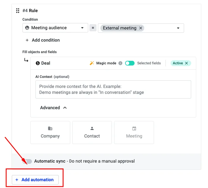 CRM automation rule with the Add automation button highlighted below it
