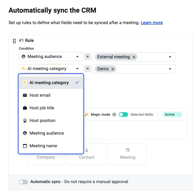 Automation rule condition dropdown listing fields like AI meeting category and host email