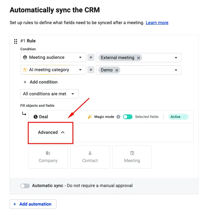 Automation rule with the Advanced section highlighted before expanding it