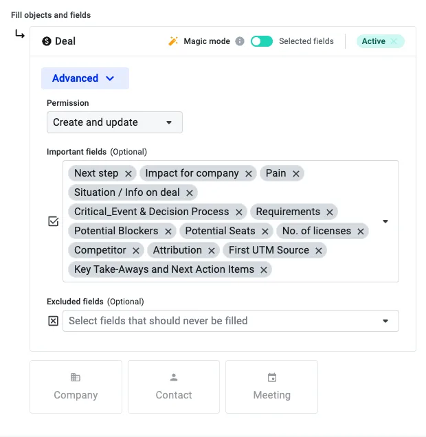 Expanded Advanced settings showing permission, important fields, and excluded fields