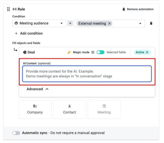 Automation rule with the optional AI Context field highlighted
