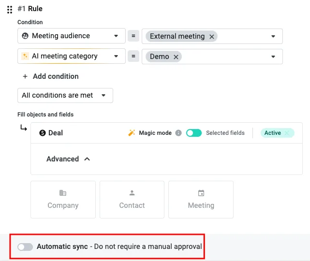 Automation rule with the Automatic sync toggle highlighted, currently switched off