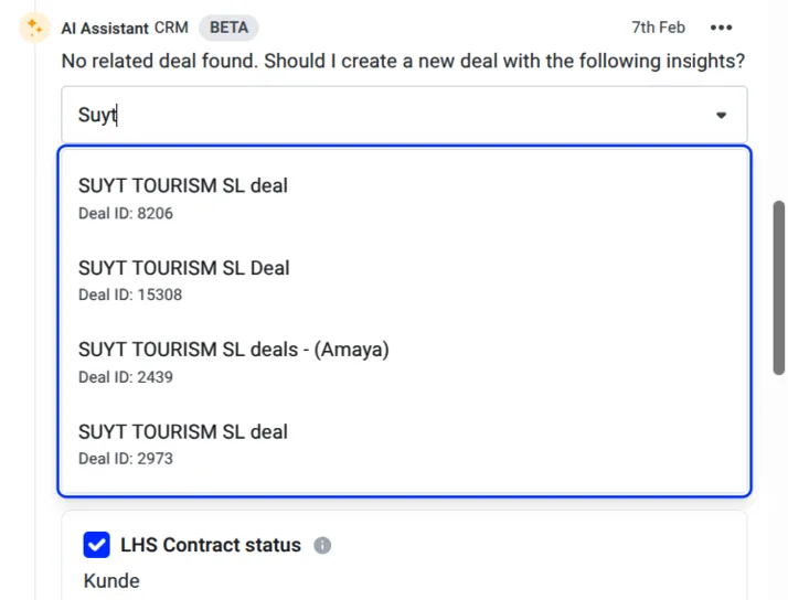 AI CRM Concierge Chat mit Suchergebnissen passender Deals, nachdem kein verwandter Deal gefunden wurde