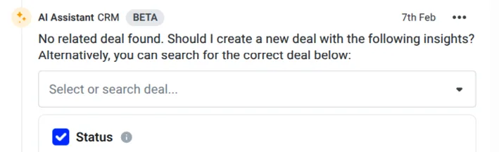 Dropdown zur Dealauswahl mit vorausgewähltem Pflichtfeld Status