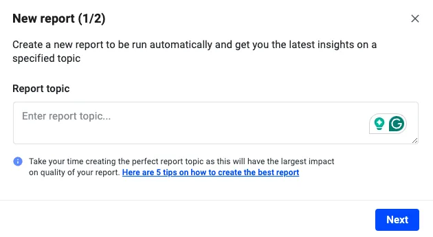 New report dialog step 1 with an empty report topic input field