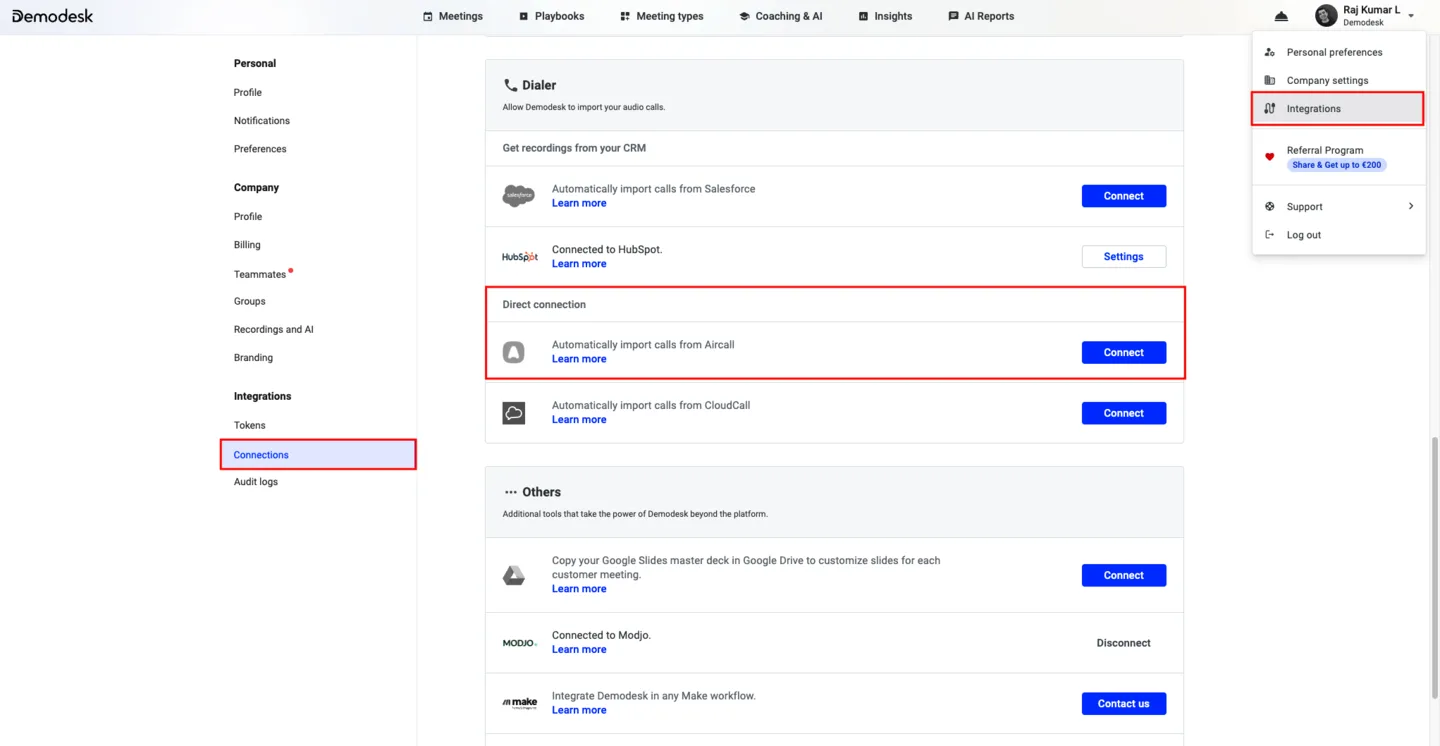 Account menu open with Integrations highlighted in the Demodesk settings navigation