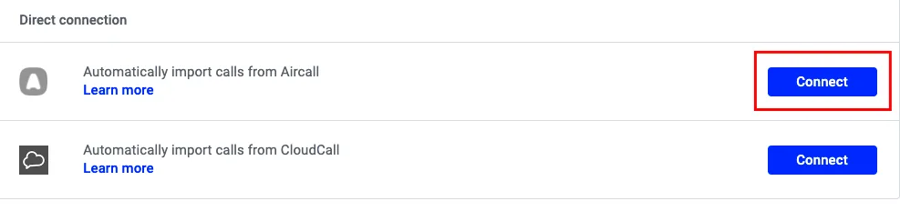 Dialer settings showing the Connect button for Aircall highlighted under Direct connection