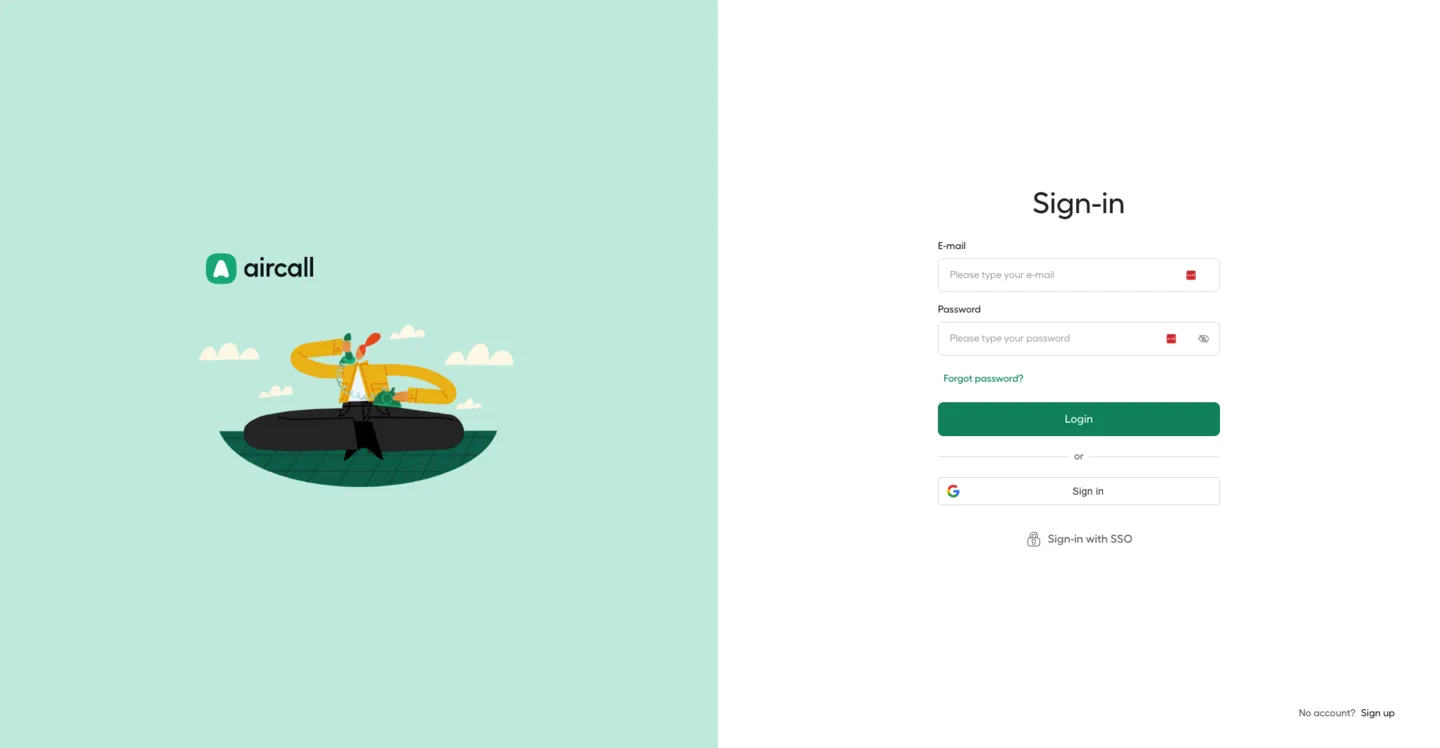 Aircall sign-in page with email and password fields