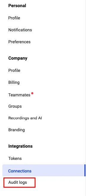 Settings sidebar with Audit logs highlighted below Connections