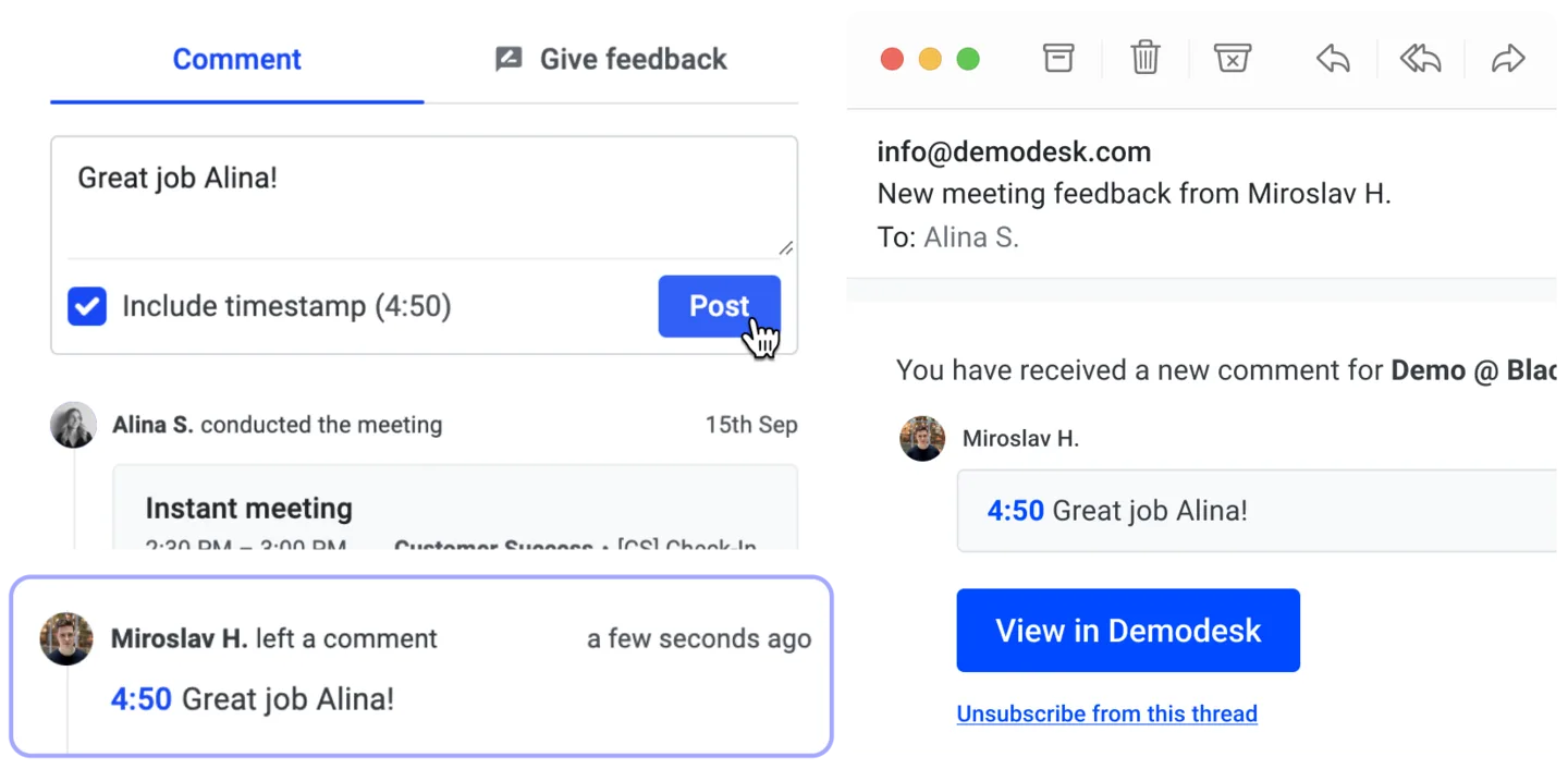 Timestamped comment being posted on a recording and the resulting email notification