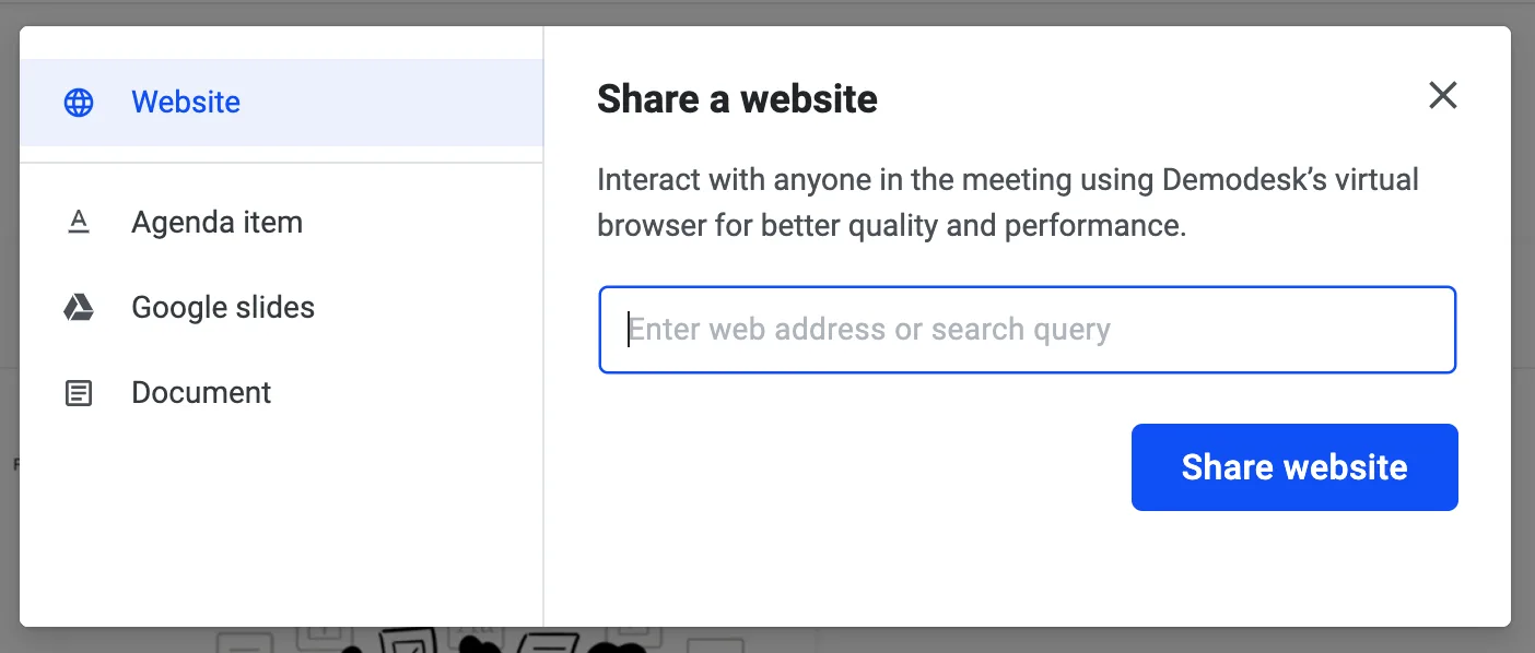 Share a website dialog with content type options and a URL field for preloading a page