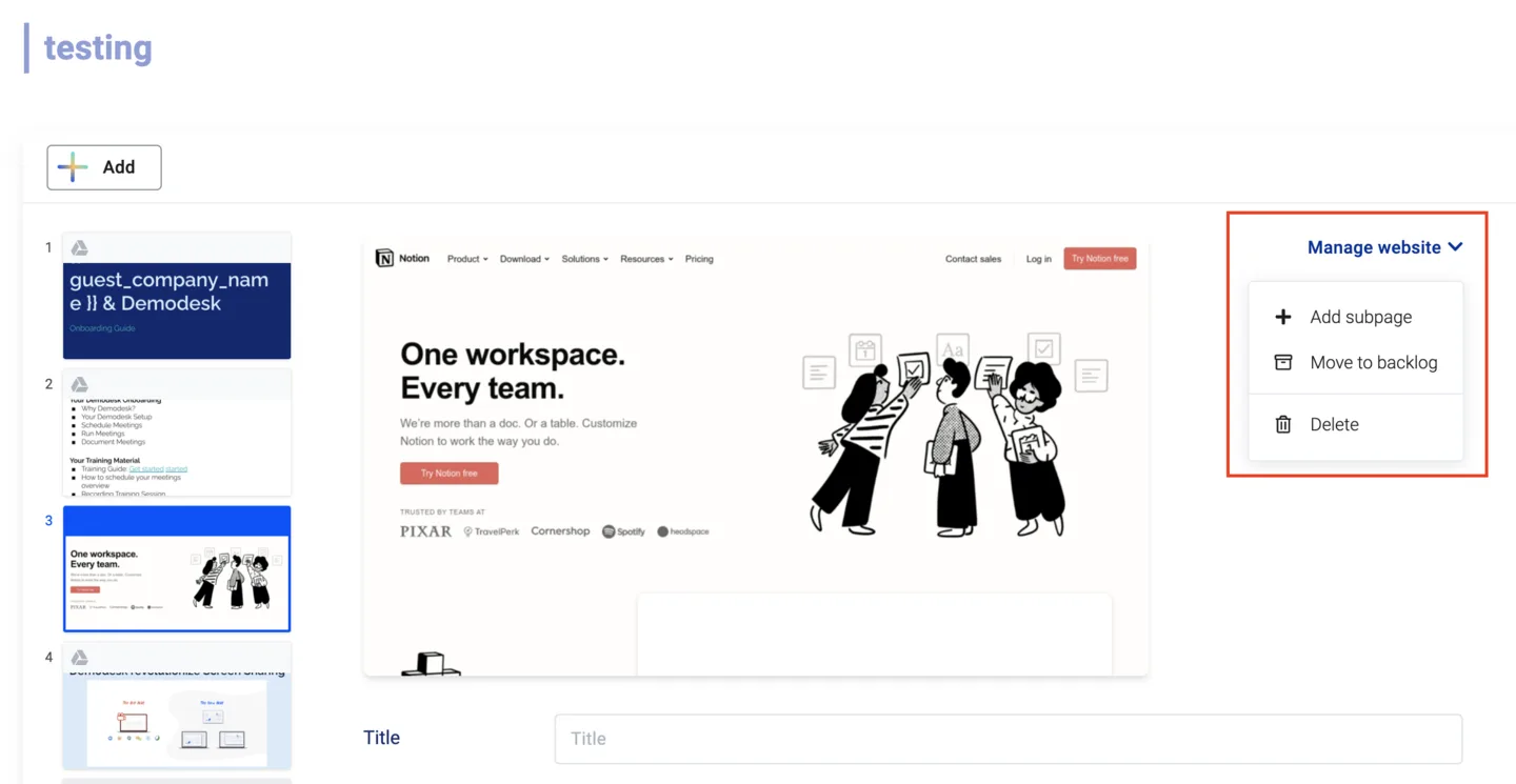 Manage website dropdown open showing Add subpage, Move to backlog, and Delete options