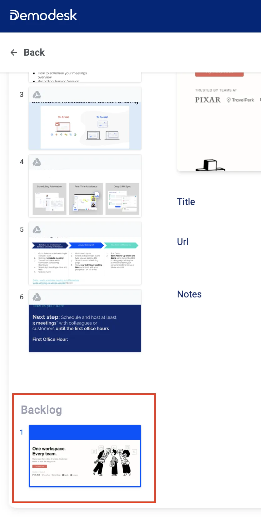 Playbook sidebar with numbered slides and a Backlog section holding a hidden, inaccessible slide