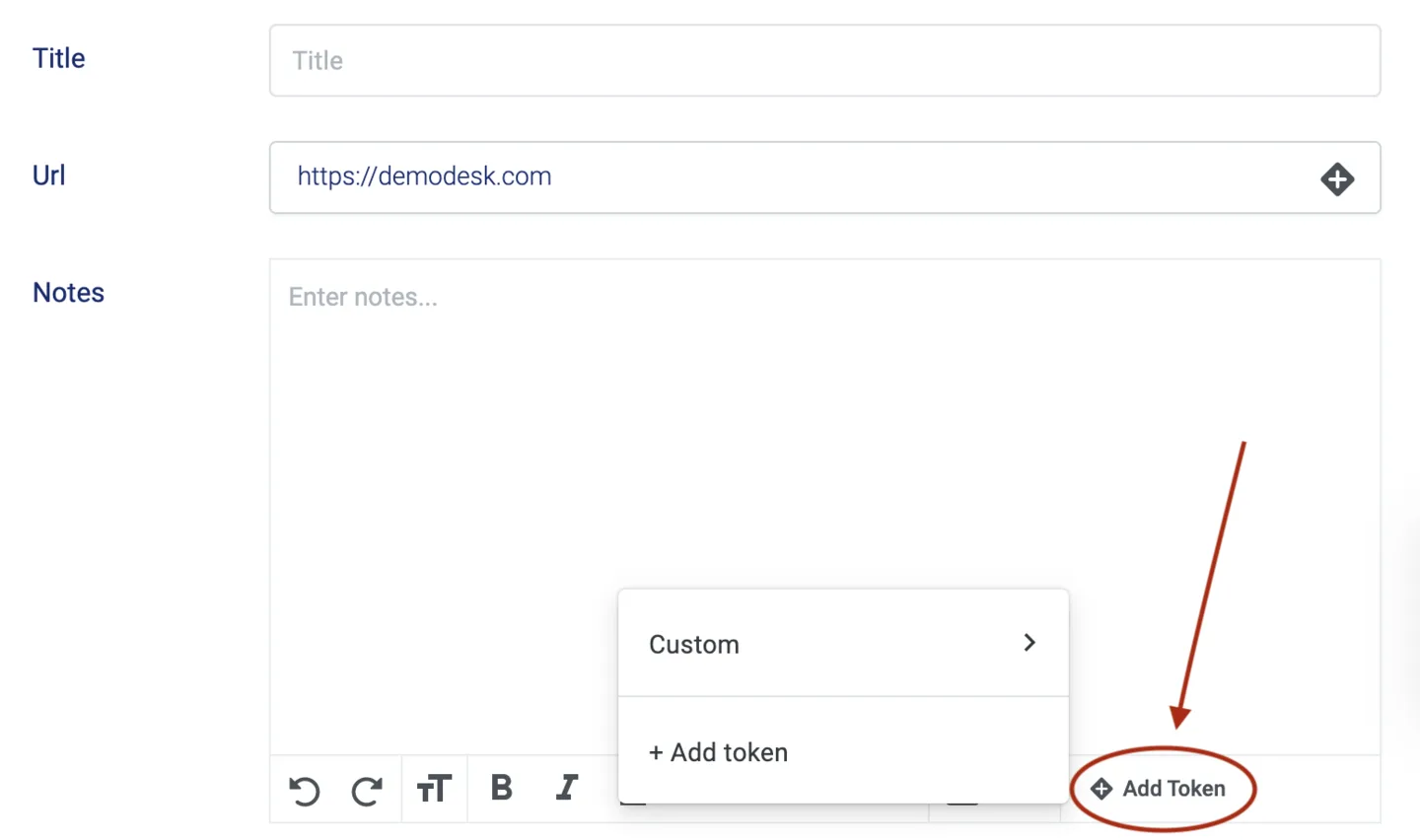 Notes field with the Add Token button highlighted, opening a menu to insert a custom CRM token