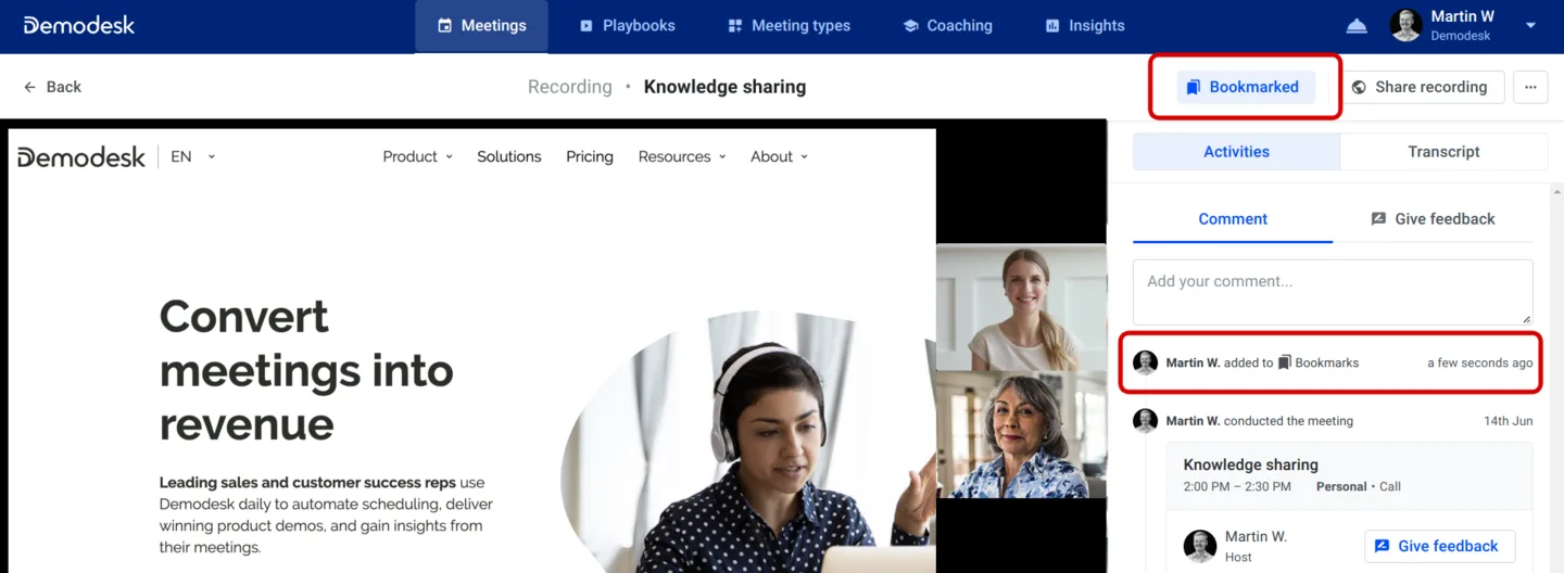 Recording page with the Bookmarked button highlighted and a bookmark entry in the activity feed