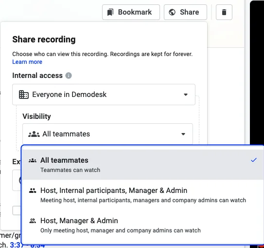 Visibility dropdown under internal access with All teammates selected, showing narrower watch options