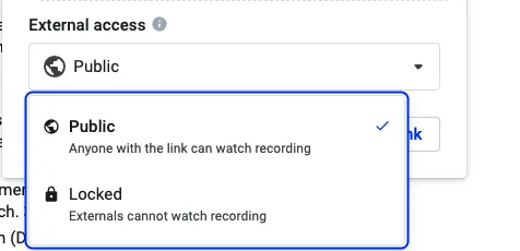 External access dropdown with Public selected, showing the Locked option for restricting guest viewing