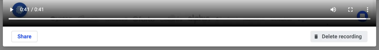 Recording player toolbar with Share button and Delete recording button in the bottom right corner