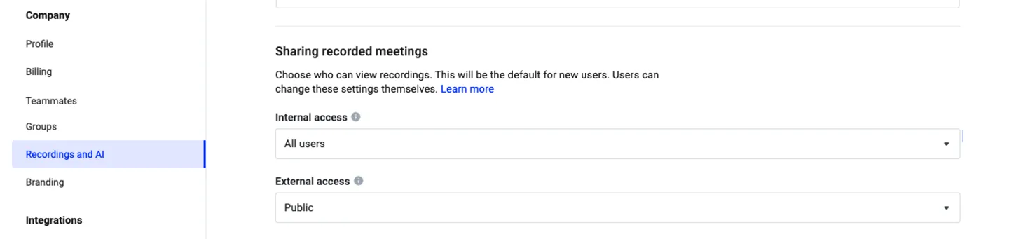 Company settings Recordings and AI page showing default internal and external sharing access for new users