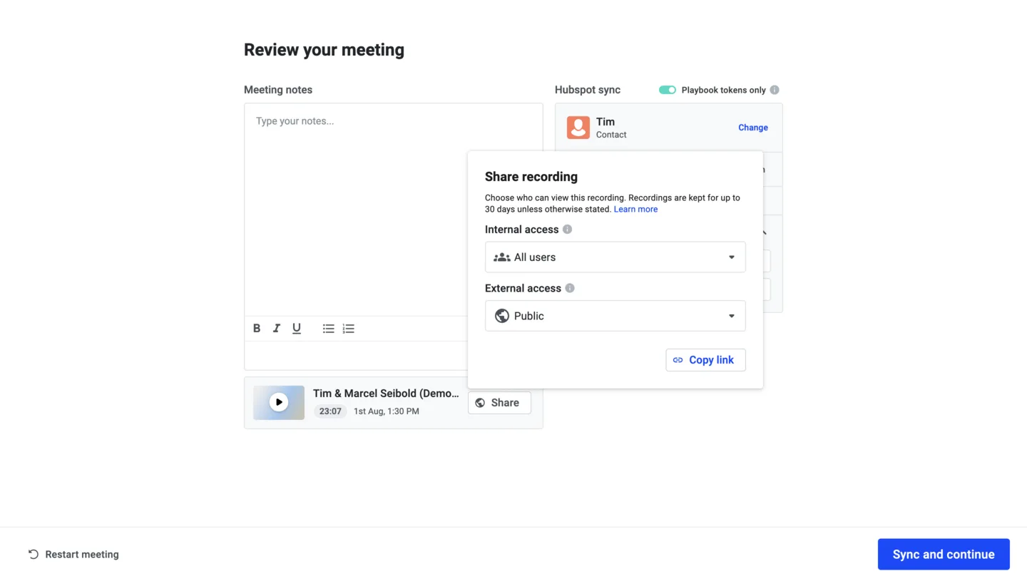 Meeting review screen with the Share recording dialog open, setting internal and external access
