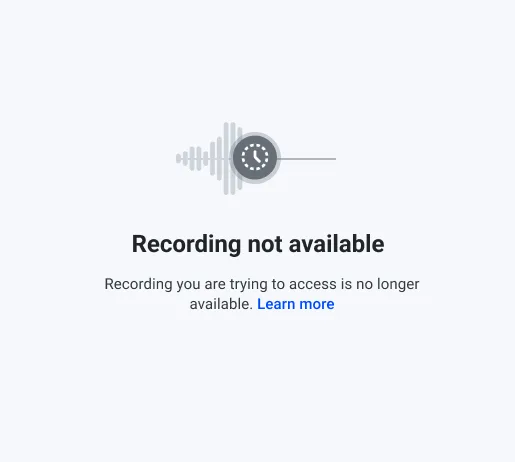 Recording not available error page stating the recording is no longer available due to expiry