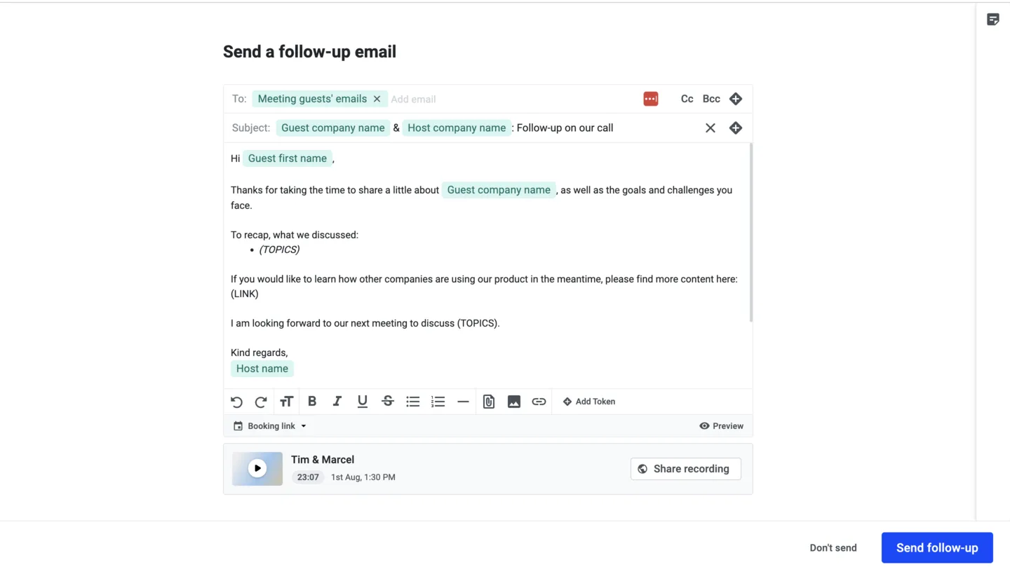 Follow-up email draft with the recording attached and a Share recording button