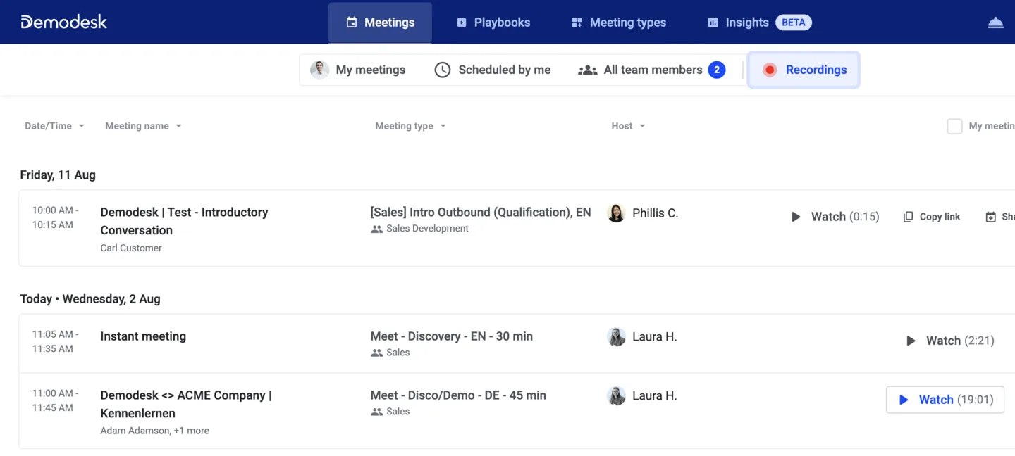 Meeting recording list filtered by date, meeting name, type and host, with Watch and Copy link actions