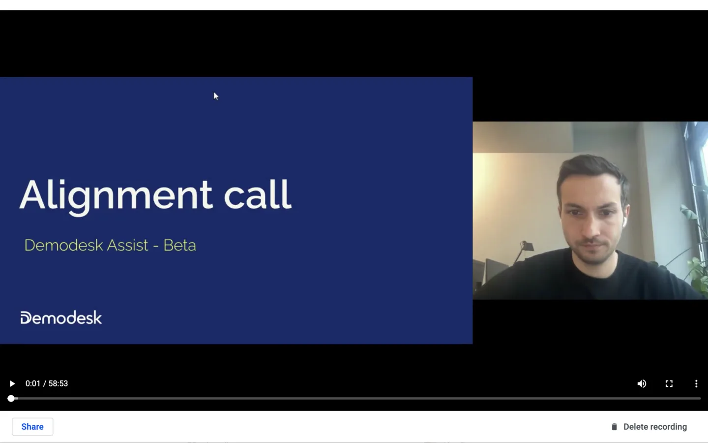 Recording playback showing the split-screen layout with a presentation slide beside the speaker's camera