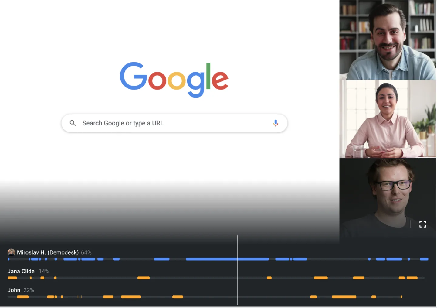Recording playback with speaker timelines below the video showing each participant's talk time as colored bars