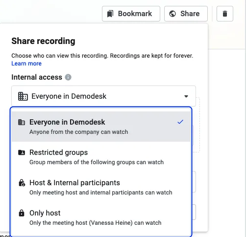 Internal access dropdown open with Everyone in Demodesk selected, listing restricted groups and host-only options