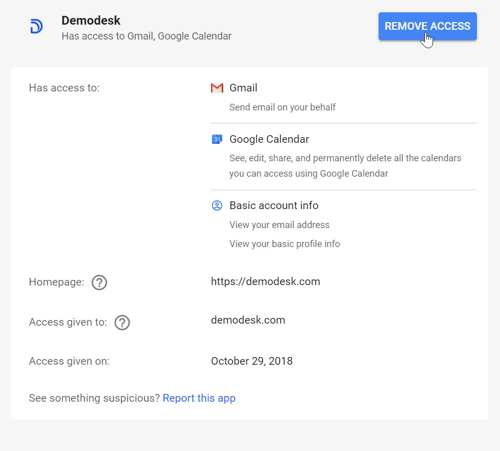 Google Account permissions page for the Demodesk app with the Remove access button highlighted