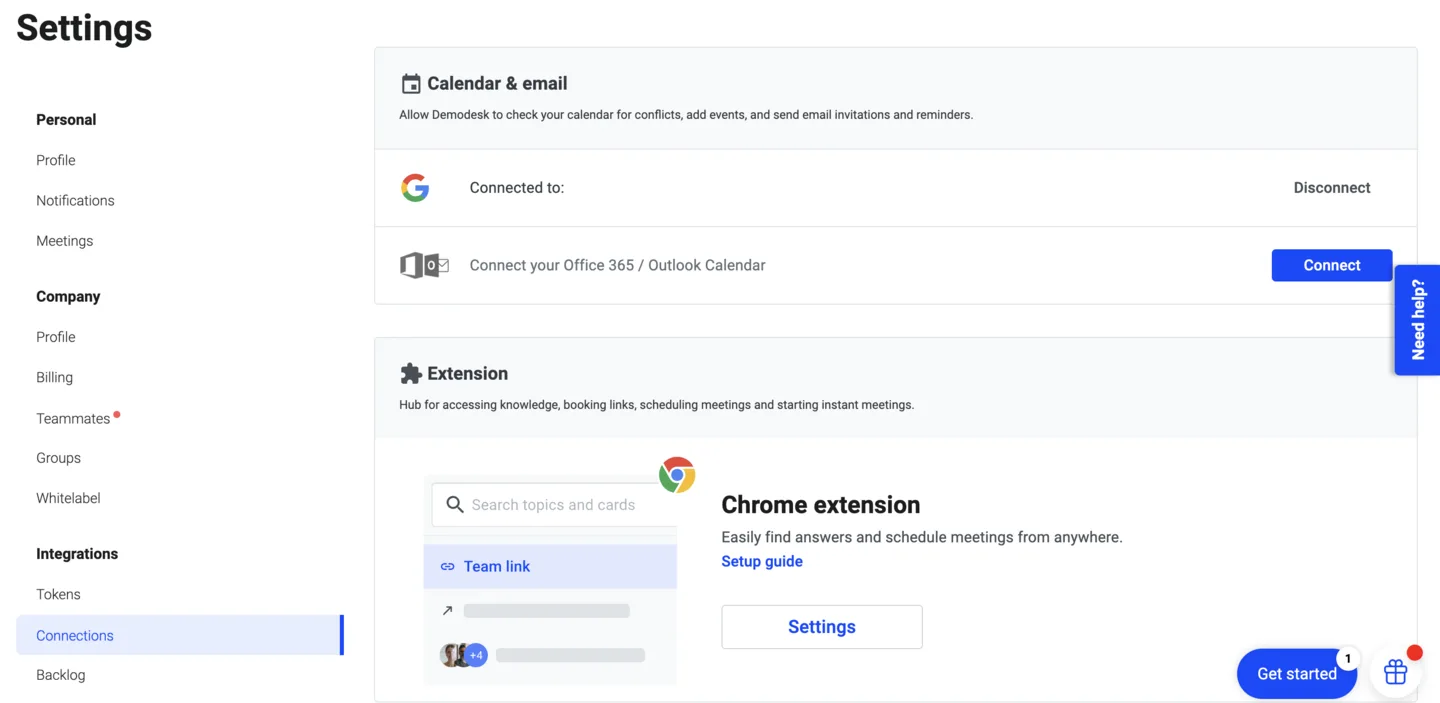 Connections settings page showing the Calendar and email section plus the Chrome extension card